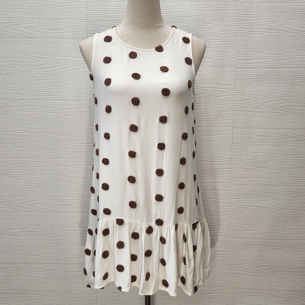 Blu Pepper Drop Waist Antique White Brown Fuzzy Polka Dot Dress